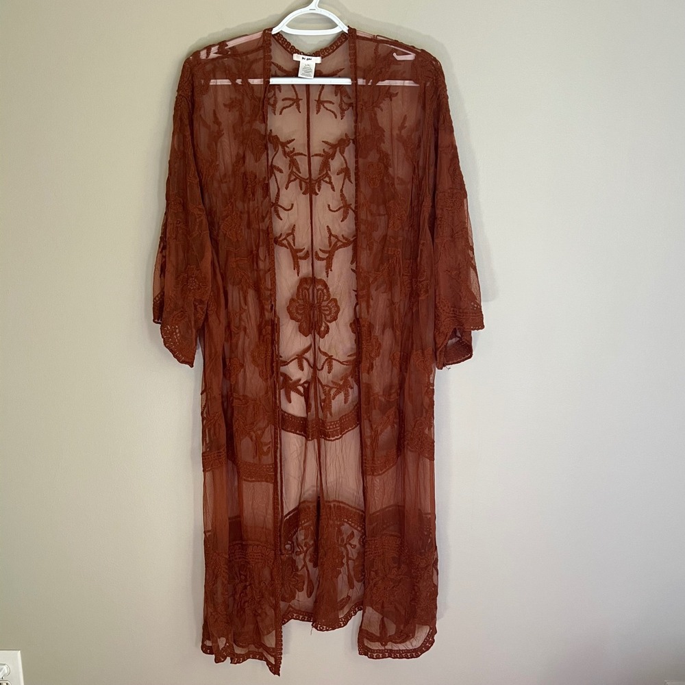Brown Floral Embroidered Mesh Duster Kimono Boho L/XL Ethereal Festival Whimsy